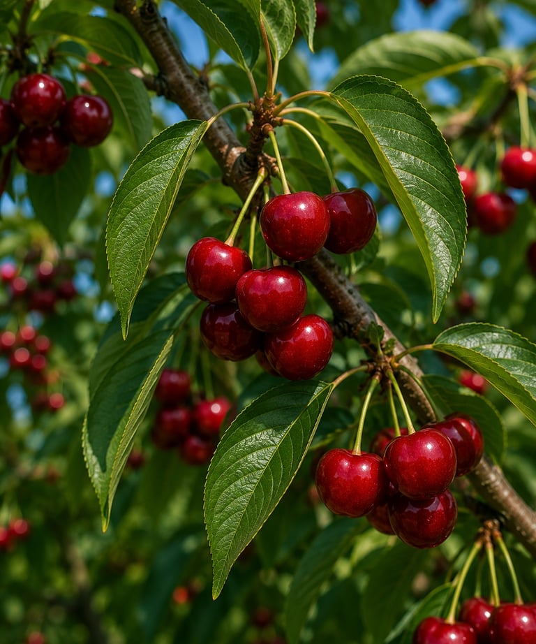 Clusters of ripe red cherries hanging from a leafy tree branch in a sunny orchard.