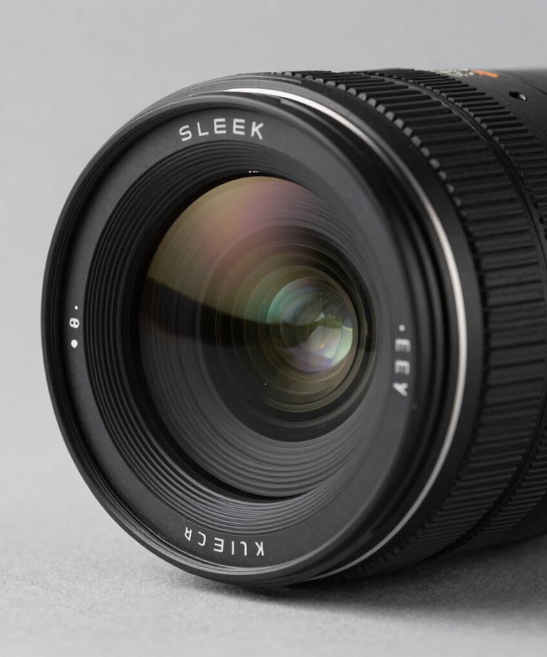 Sleek close-up of a high-tech camera lens or optical sensor. Professional look, minimalist background with grey tones.