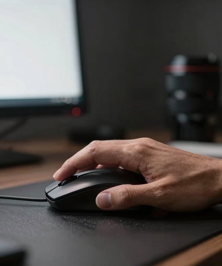 Close-up of a designer's hand using a high-precision mouse in a dark office. Subtle white light from the screen illuminates the workspace. Professional charcoal aesthetic.