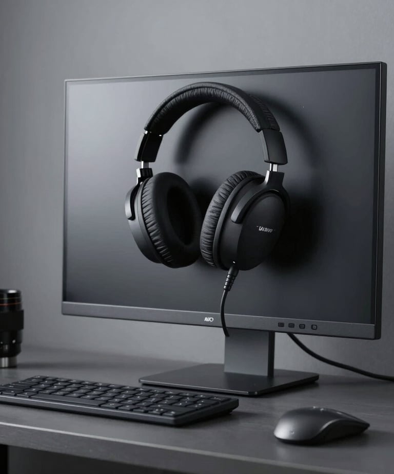Clean, organized workspace with a high-end monitor and noise-canceling headphones. Dark grey and black aesthetic, professional studio photography.
