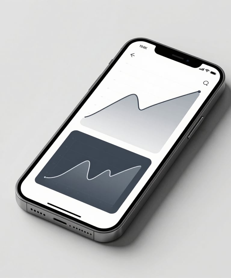 A high-fidelity mobile application interface shown on a premium smartphone, displaying abstract data charts in charcoal and white. Minimalist studio lighting, professional Turkish tech aesthetic.