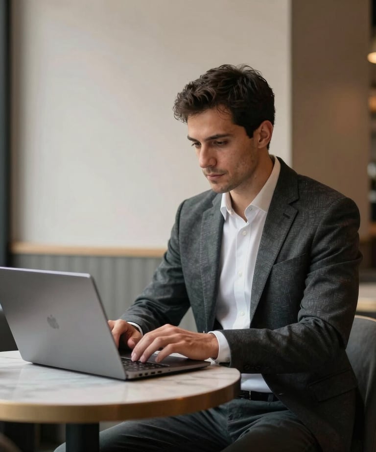 A professional man in his 30s sitting in a minimalist Turkish cafe, working on a laptop. Modern urban setting, neutral colors, natural lighting.