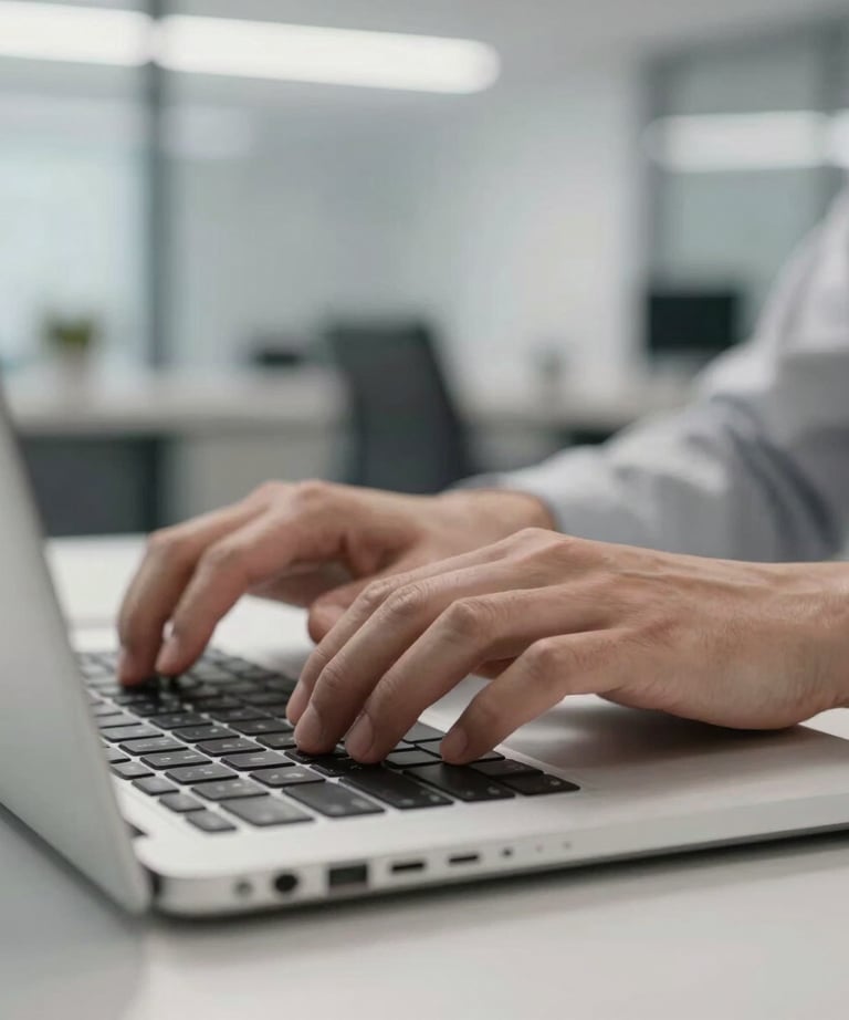 Detailed shot of professional hands typing on a high-quality laptop. Soft bokeh background of a modern office, grey and white tones, very clean look.