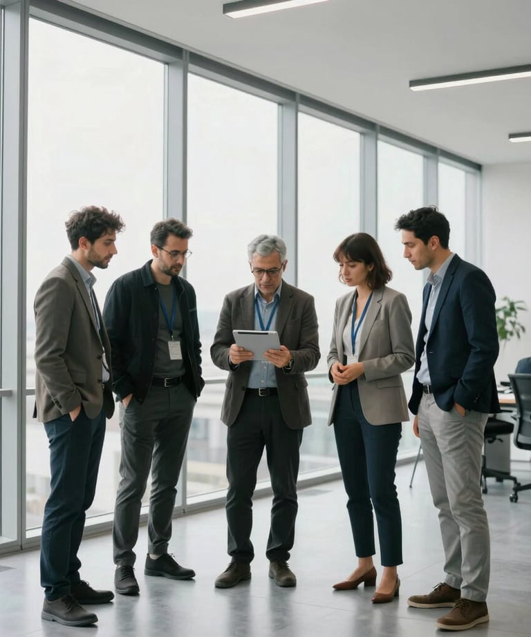 A group of professional Turkish developers in a bright, modern office with floor-to-ceiling windows. They are looking at a tablet screen together. Minimalist decor, clean lines, grey and white palette.