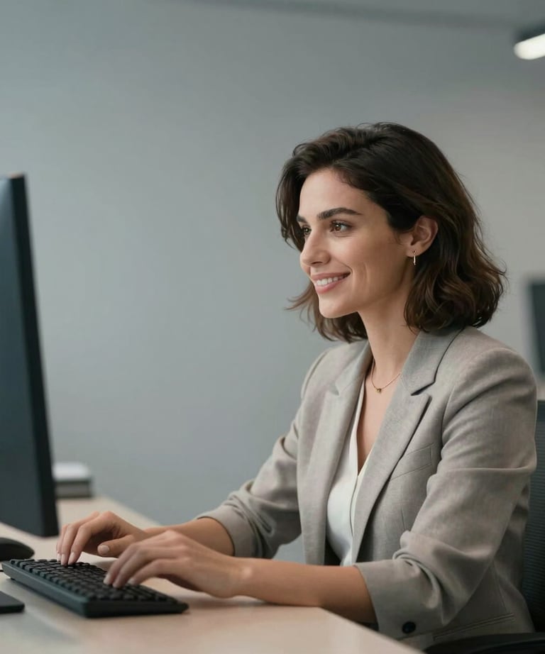 Portrait of a smiling professional woman in a modern tech office in Istanbul, looking at a screen. Soft grey background, minimalist and professional attire.