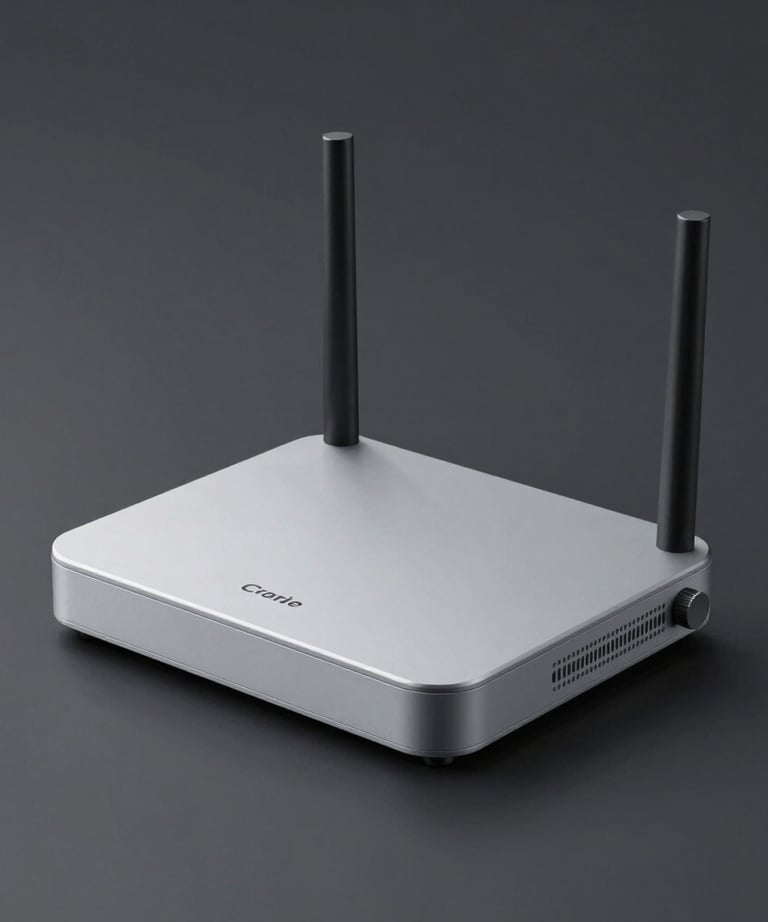 A minimalist tech gadget, like a sleek router or smart device, on a plain charcoal background. Professional studio product photography, light grey accents.