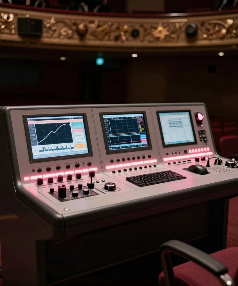A shot of a high-tech lighting control wing in a North American / US theater, with a clean interface and muted pink accents glowing in the dark booth.