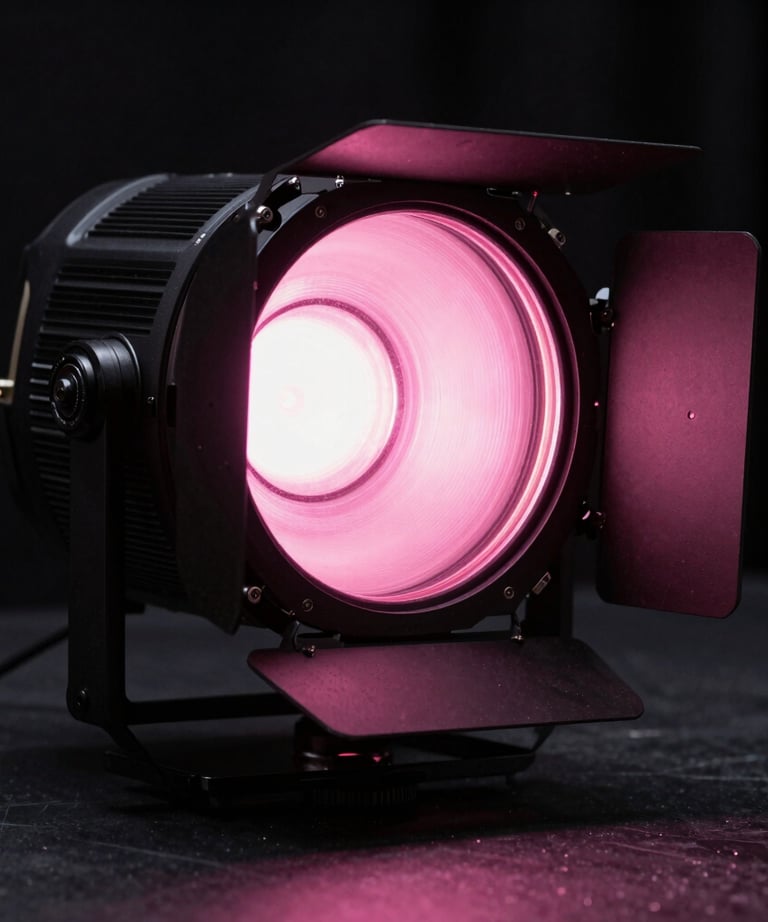 Close-up of a high-end lighting fixture projecting a crisp circular pink light onto a dark North American / US stage surface.