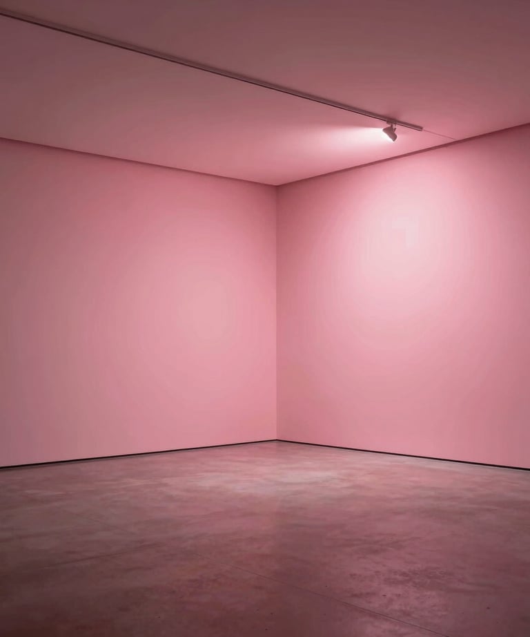 A wide photography of a modern art installation lit with shifting pink and muted rose light, showcasing professional design skills.