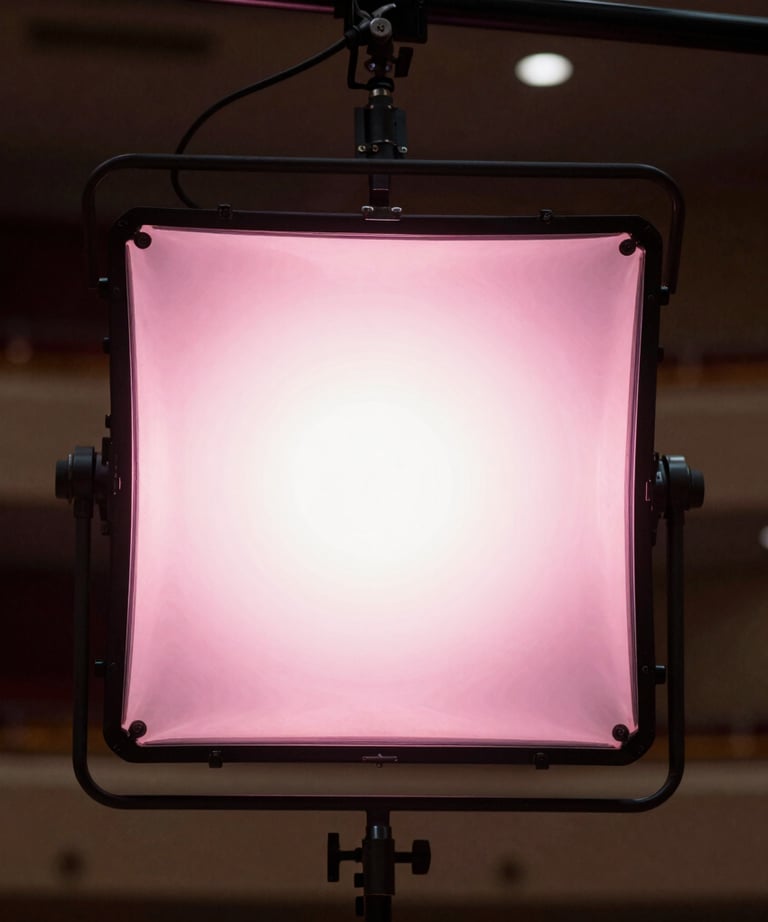 High-resolution photography of a professional lighting rig hanging in a North American / US auditorium, glowing with soft pink light.
