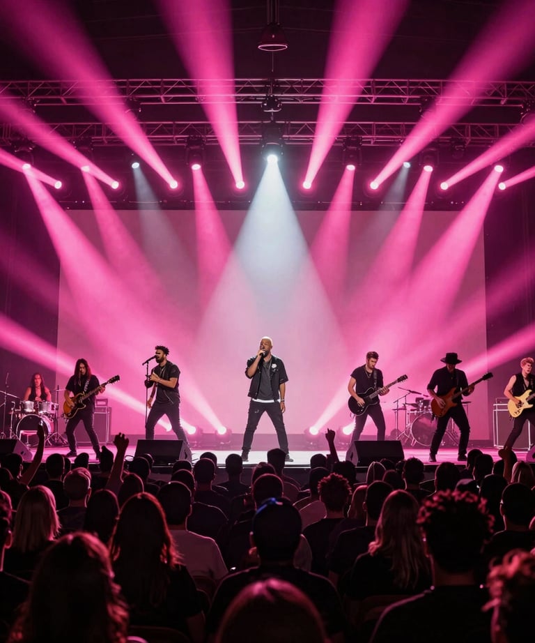 A vertical shot of a modern concert stage with vibrant pink strobe lights and dark silhouettes of North American / US performers in front of a energetic audience.