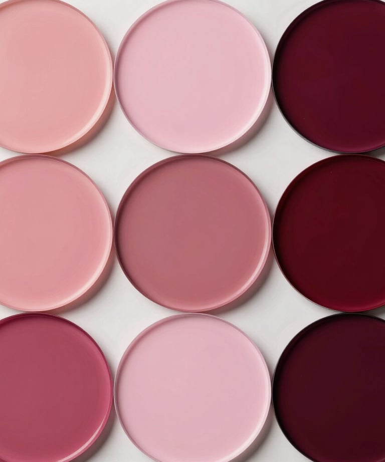 Abstract shot of various professional lighting gels in shades of rose, pink, and burgundy, arranged in a modern collage style.