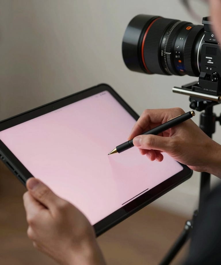 North American / US designer using a professional lighting tablet to adjust cue timings, soft pink screen reflection on their hands.