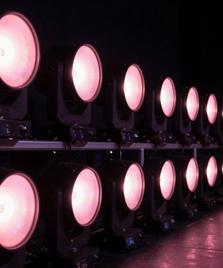 Horizontal shot of a row of stage lights on a North American / US stage, all glowing in a sequence of soft pink hues.