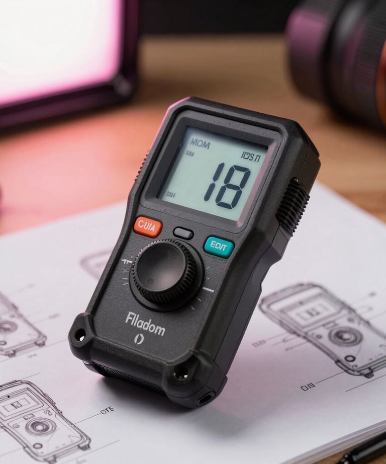 A close-up of a professional light meter and sketches for a lighting design, in a warm North American / US studio setting with pink light accents.