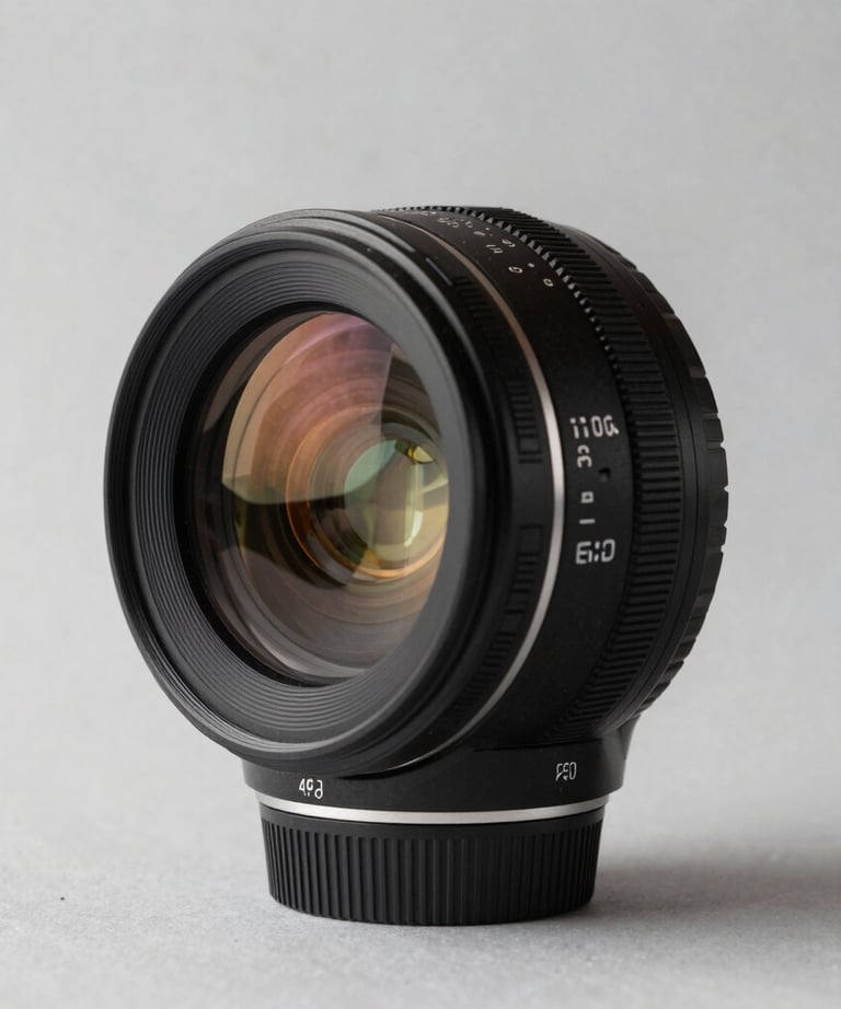 A minimalist studio shot of a high-end lens reflecting a terracotta light. Sharp focus, clean composition.