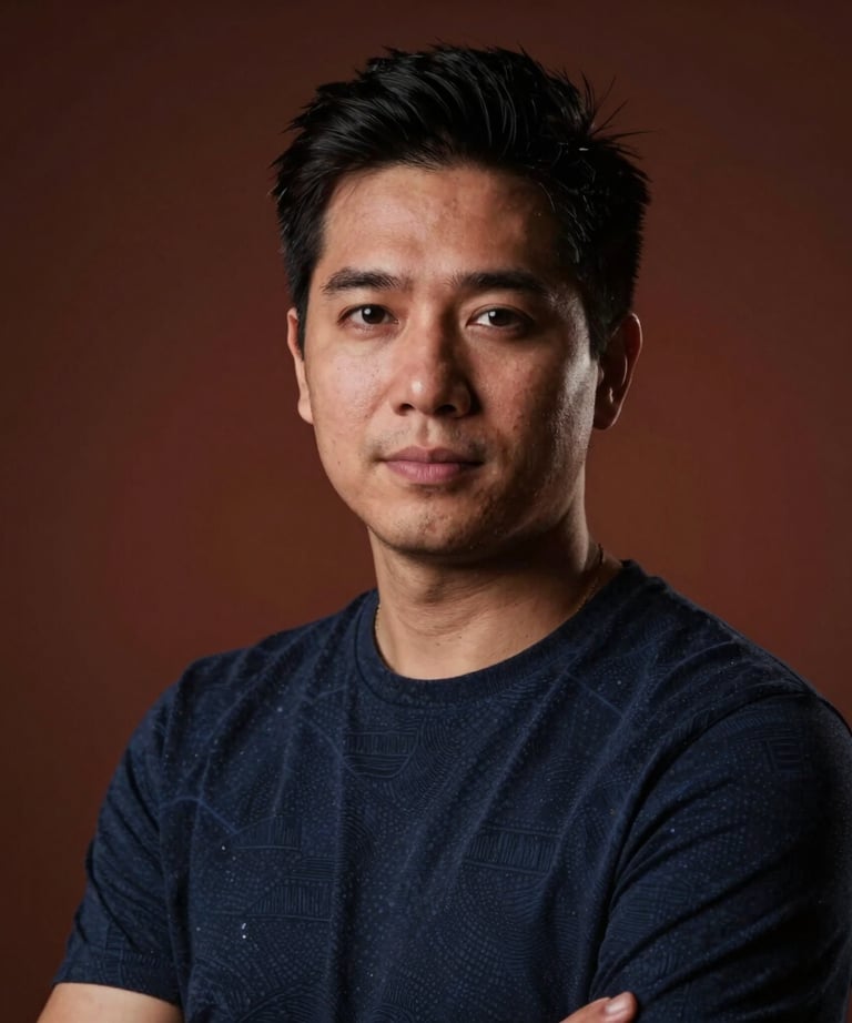 Portrait of a creative lead in a dark studio. Moody lighting with a subtle terracotta backlight. Professional and focused atmosphere.
