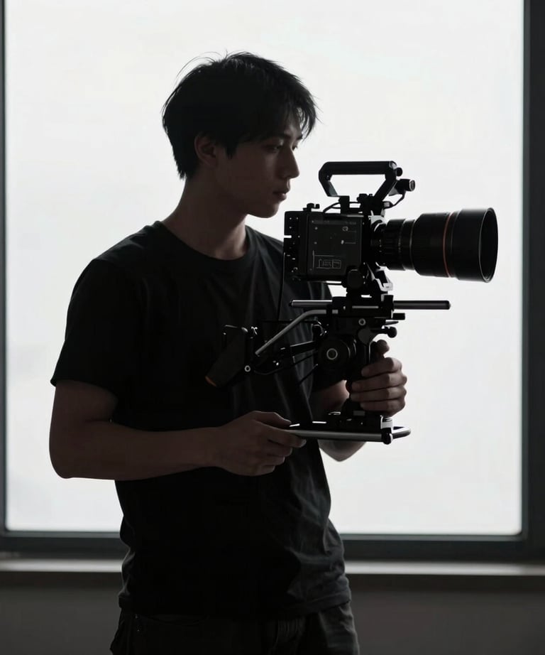 Medium shot of a cinematographer silhouetted against a bright window, holding a rig. Minimalist composition, charcoal and silver tones.