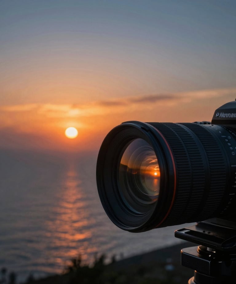 A wide cinematic shot of a sunset over an international coastline, reflected in a camera lens. Deep orange and blue tones.