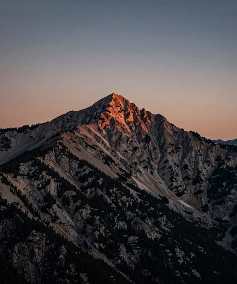 A wide lens shot of a North American mountain peak at twilight, cinematic moody colors.
