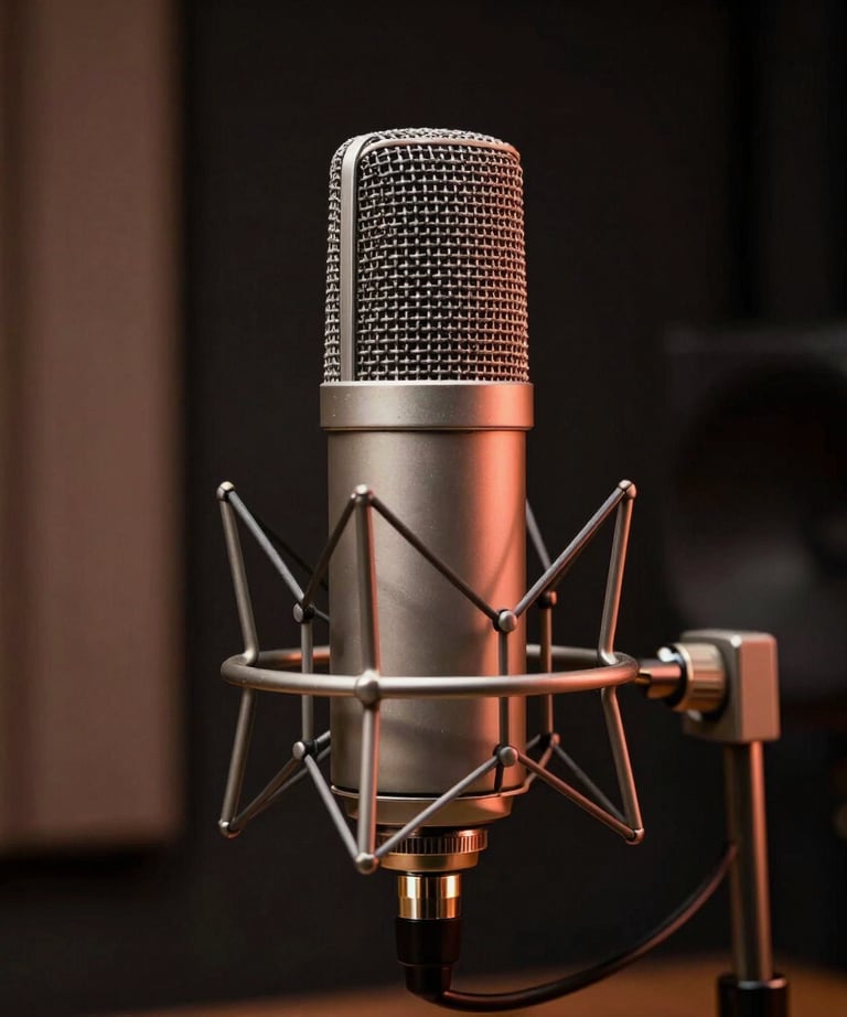 A close-up of a high-end microphone in a dark sound booth. Minimalist, professional, with terracotta lighting highlights.