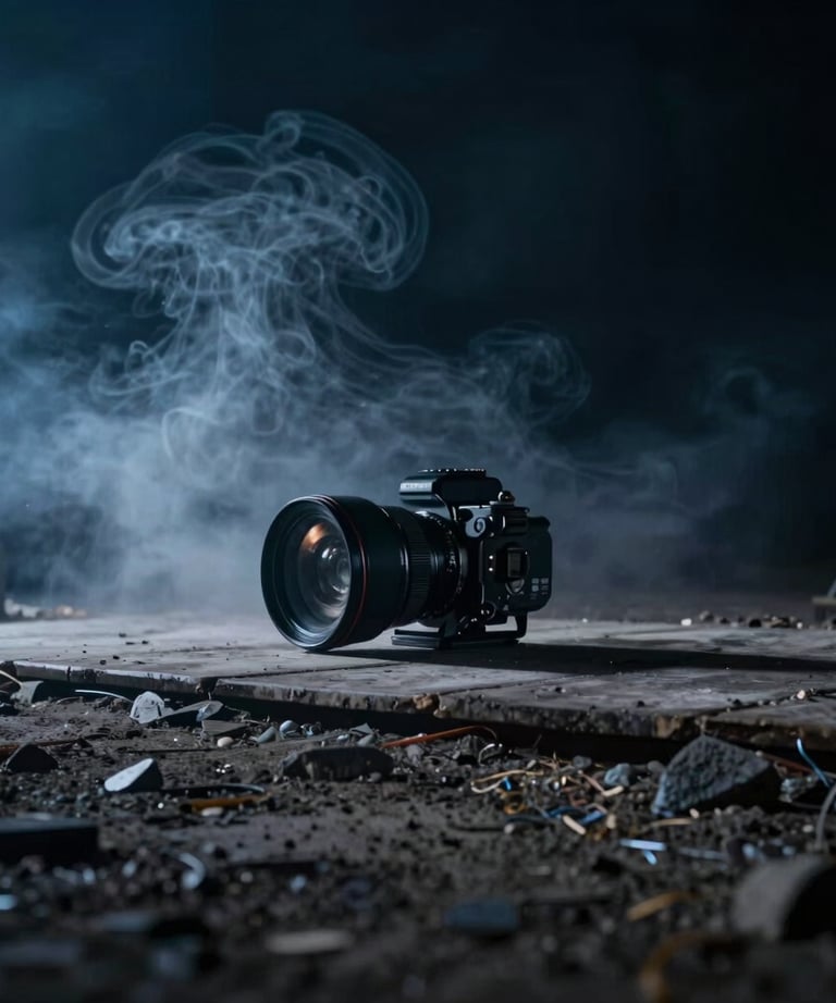 Cinematic wide angle shot of a film set at night, soft charcoal smoke in the air, deep cosmos blue shadows.