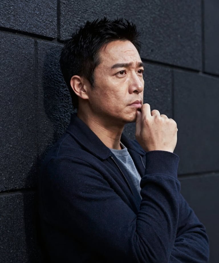 Candid shot of an actor in thought, leaning against a charcoal wall. High contrast lighting, North American urban setting.