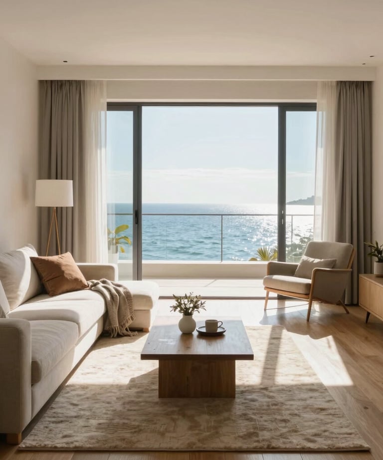 Before and after photos of a renovated living room showcasing classic style.