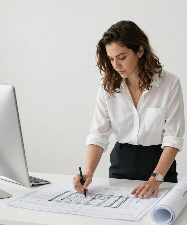 Close-up of a designer's hands using a precision drawing tablet. Modern workspace with slate and cloud white elements. Professional focus.