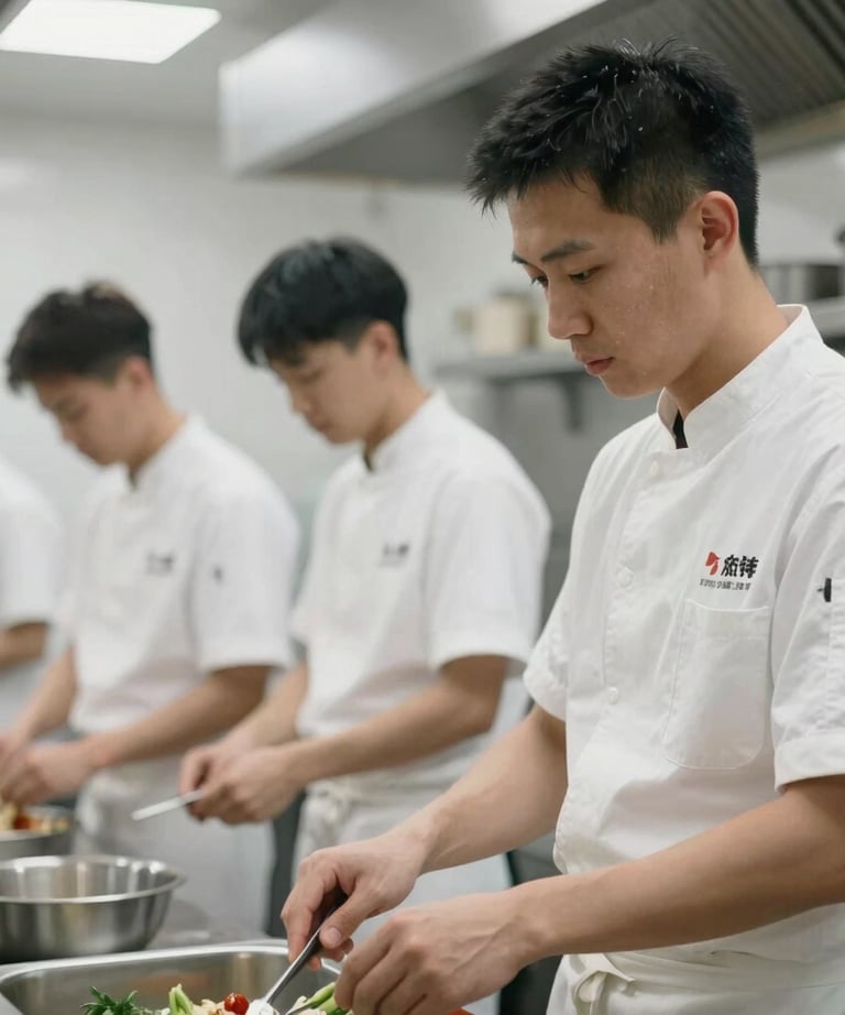 A blurred shot of a professional kitchen team in clean white uniforms working in a minimalist, high-end environment. Global / English-speaking setting.