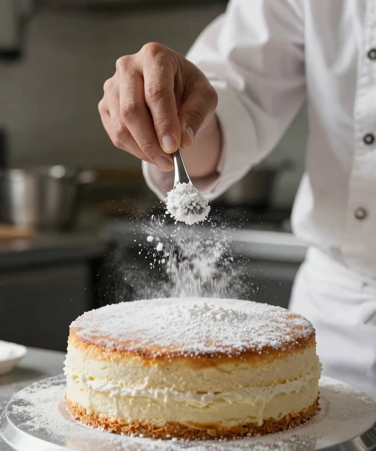 Action shot of a pastry chef dusting a cake with white powder. Global / English-speaking professional.