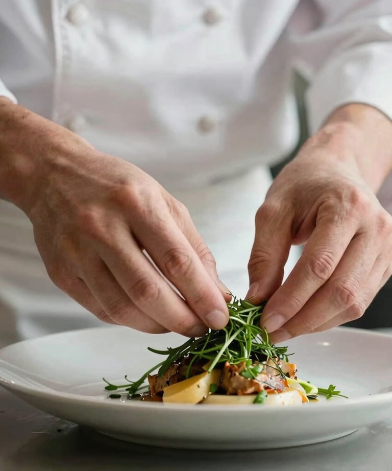 Close-up of a chef's hands carefully arranging herbs on a dish. Soft, natural lighting on a light background.