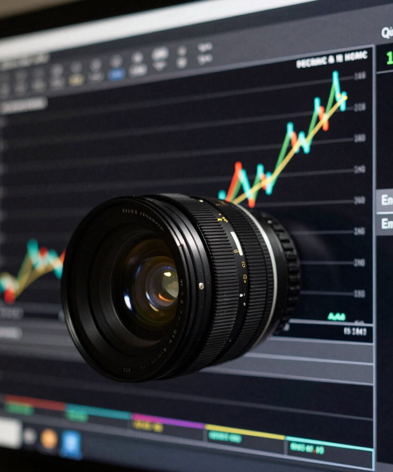 High performance charts on screen, crisp contrast, strategic and high authority aesthetic design, close-up.
