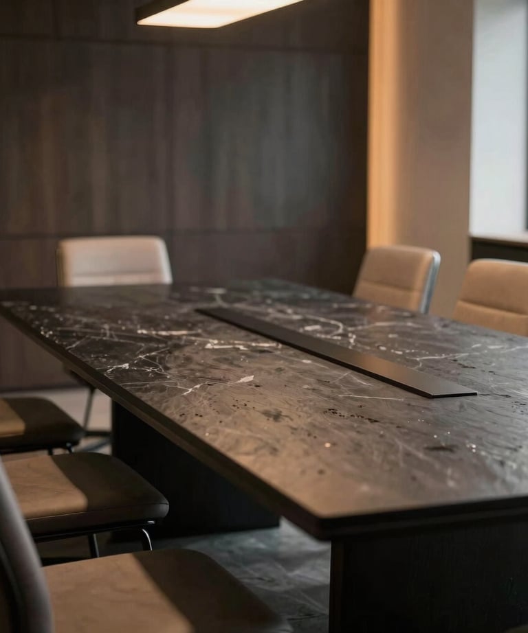 A modern boardroom in South America with dark stone table, soft amber accents.