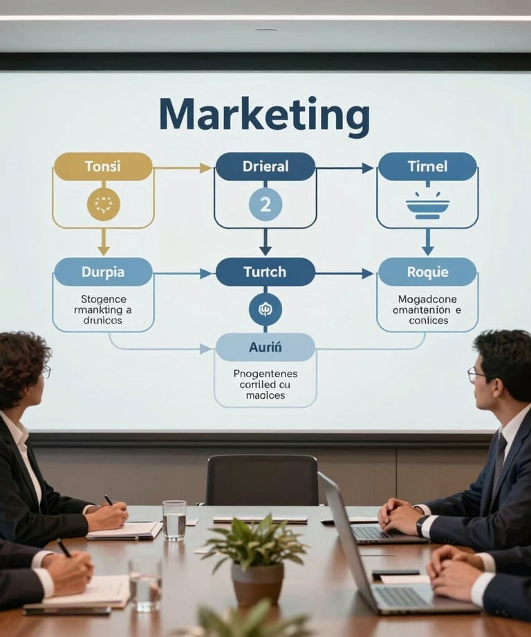 Professional photo of a business meeting in Brazil, subtle, elegant presentation, highlighting structured marketing funnel map.