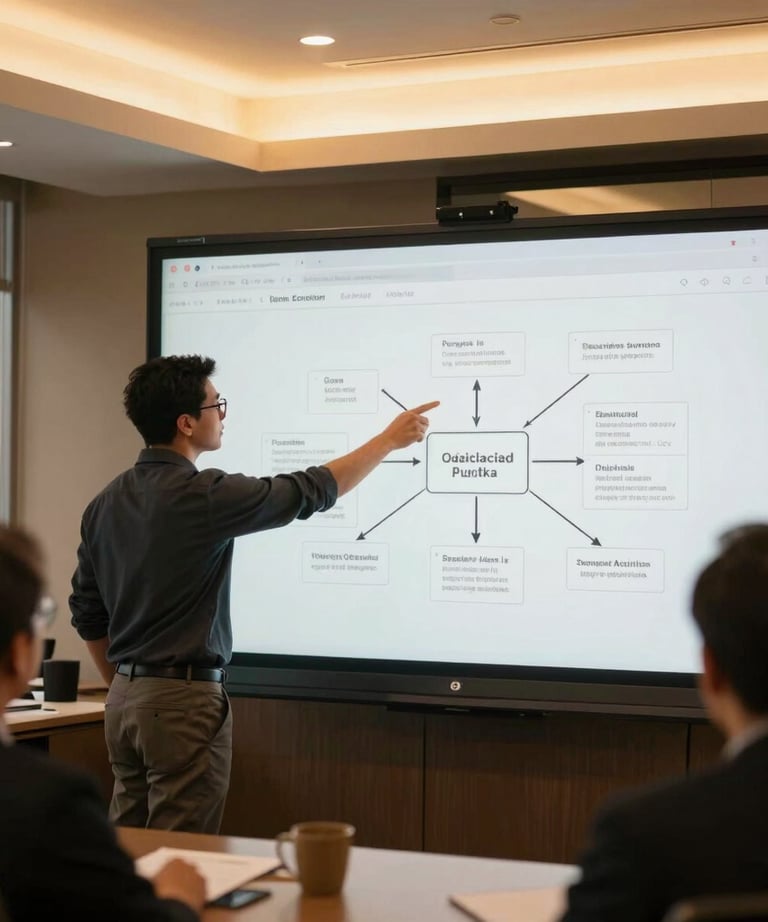 South American agile consultant guiding a digital process mapping workshop in a premium office setting with warm gold lights.