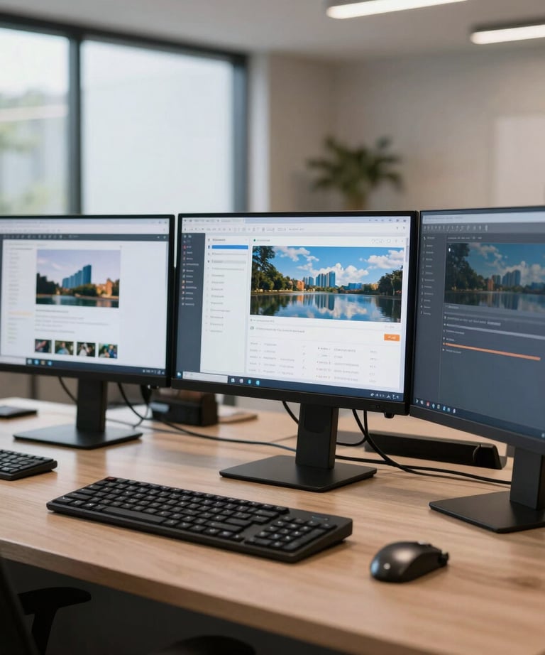 Modern elegant workspace in Jaraguá do Sul, Brazil, displaying bright interface layout concepts on high-end screens.