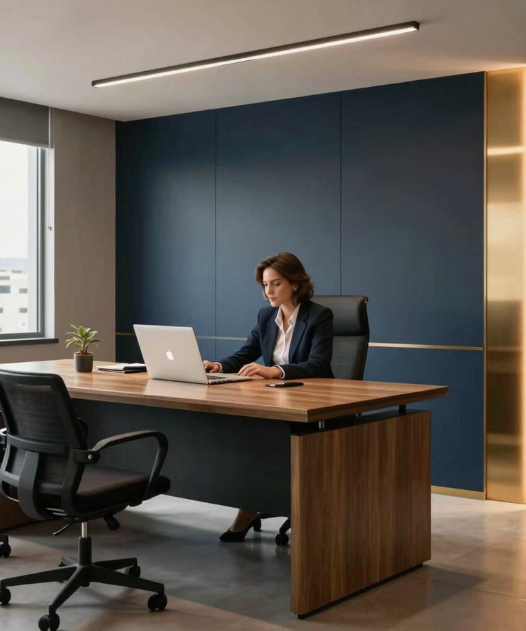A beautifully lit modern office in Santa Catarina, Brazil, reflecting professionalism and calm strategic execution, deep slate colors with gold hue.