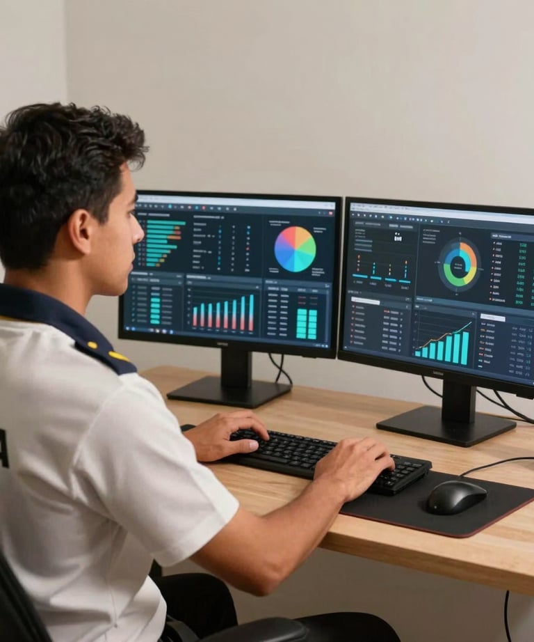 A professional South American male traffic manager working on high-performance analytics dashboards, luxury studio.