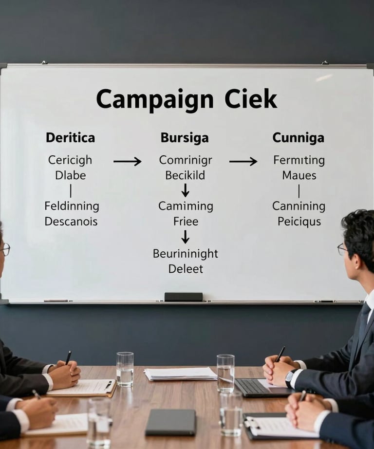 Executive meeting with a whiteboard showcasing clear campaign steps, dark slate background, professional Brazilian tone.