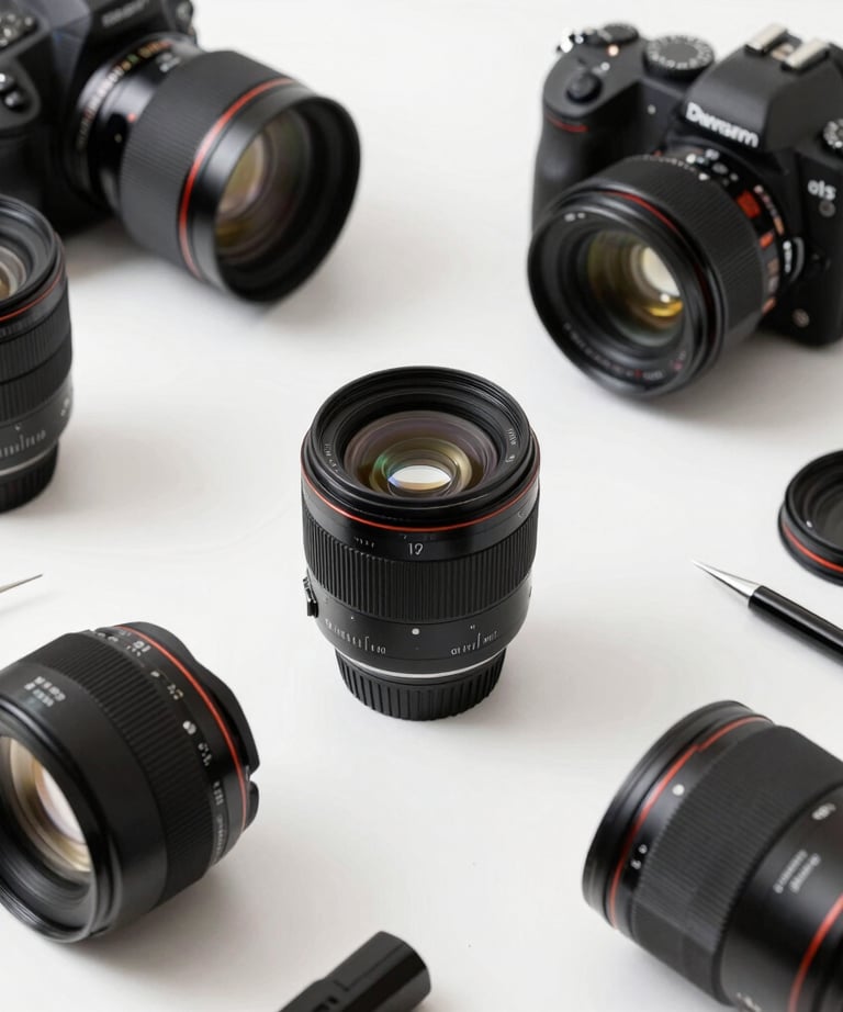 High-end corporate portrait style setup of clean photographic gear and creative workspace tools.