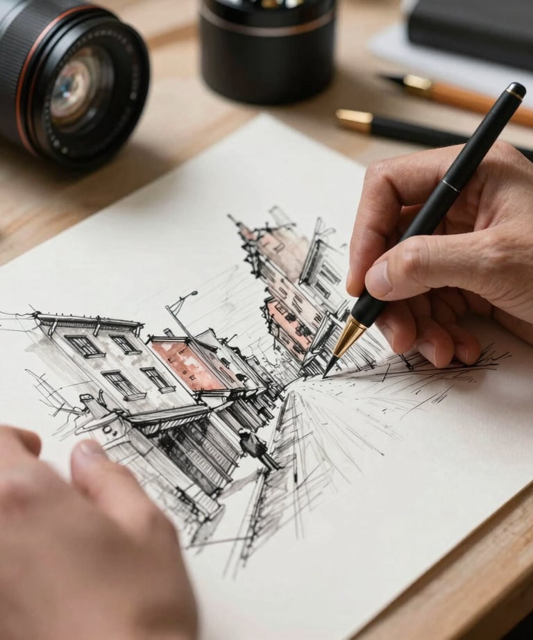 A close-up of hands sketching a detailed urban streetscape with ink and watercolors on textured paper in a well-lit studio.