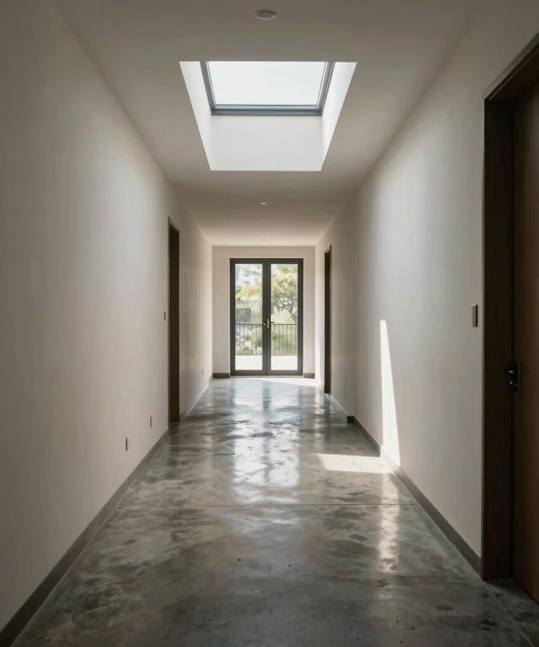 An interior photo of a residential hallway with high ceilings and polished concrete floors, reflecting natural light from high clerestory windows.