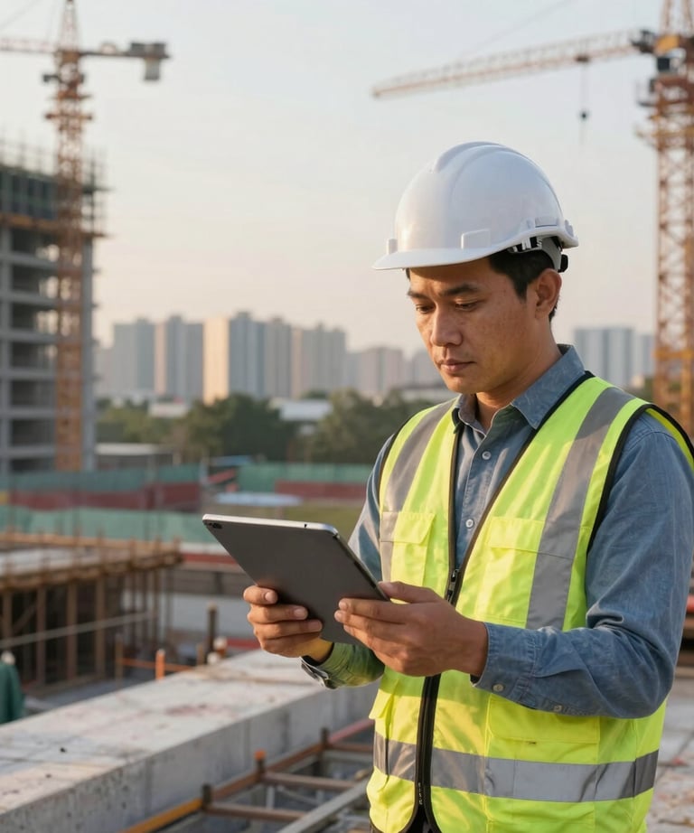 A Southeast Asian project manager reviewing site progress with a digital tablet on a modern construction site during the morning golden hour.