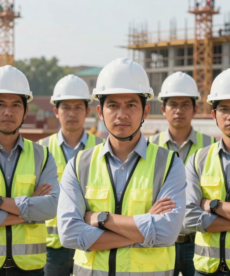 A professional group photo of a diverse Southeast Asian engineering team wearing hard hats on a sunny construction site, looking confident and professional.