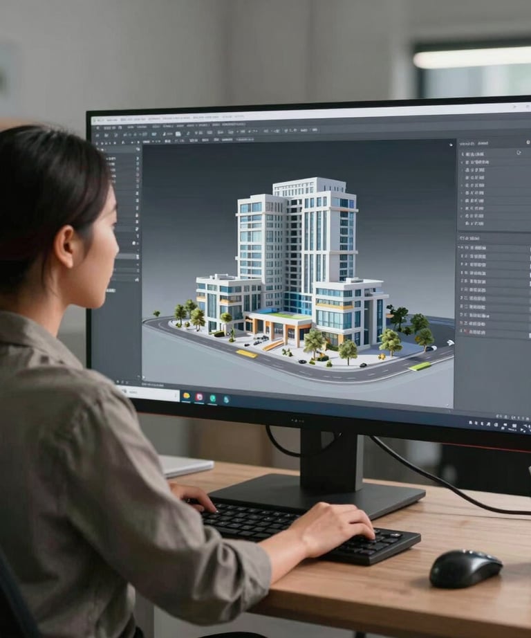 A Southeast Asian woman in a modern design studio, working on a complex digital 3D model of a building on a large monitor.