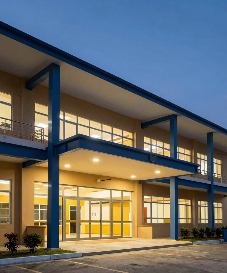 A twilight architectural photograph of a modern community school in the Philippines, with a glowing Warm Gold entrance and Steel Blue structural beams.