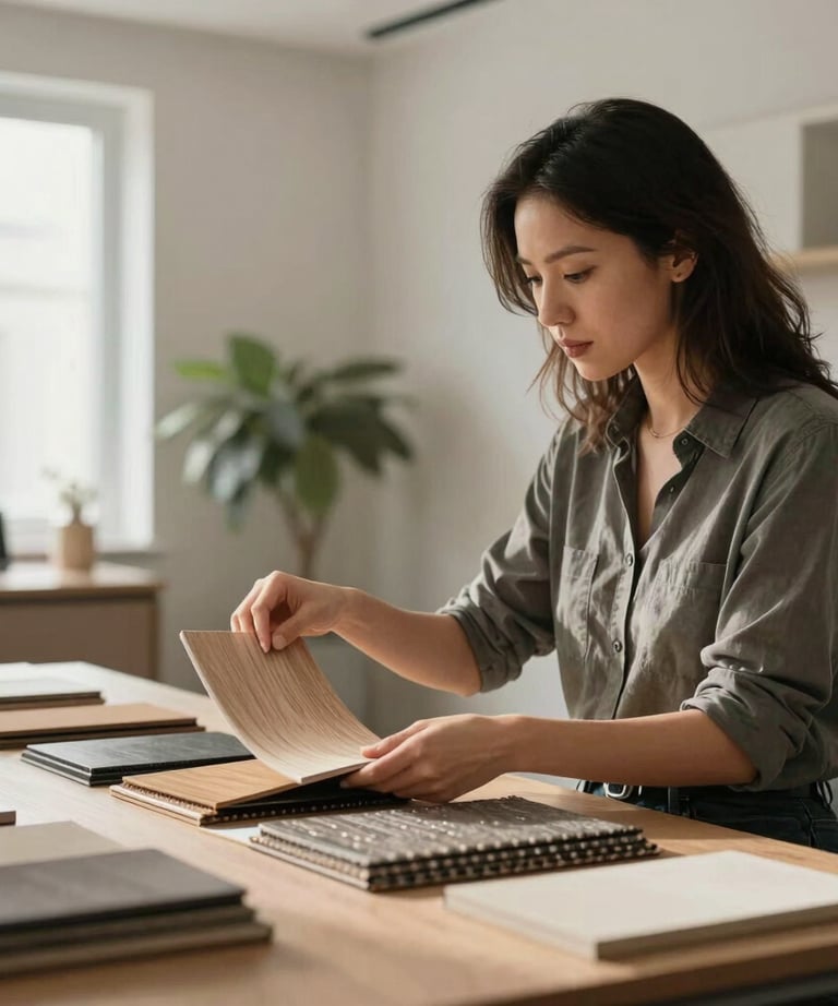 A professional interior designer in a light-filled office, selecting material samples like wood, steel, and fabric for a new residential project.