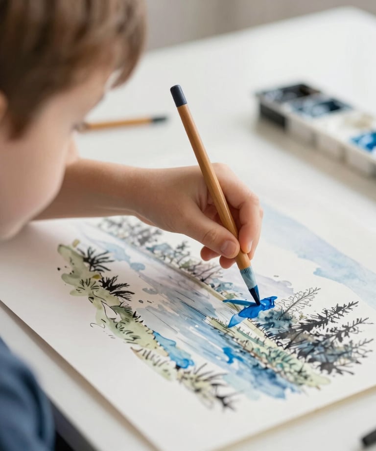 A close-up of a child's hand carefully applying a blue watercolor wash to a landscape sketch in a bright, modern studio setting.