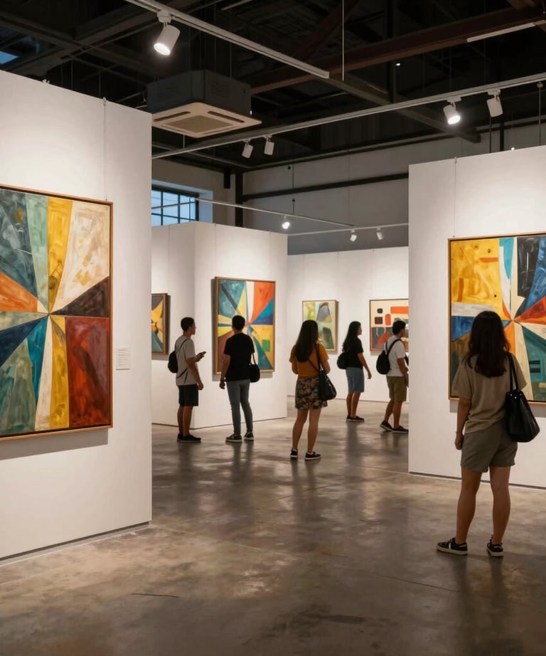 A wide shot of a community art exhibition in a modern hall in the Philippines, featuring large abstract paintings and local visitors.